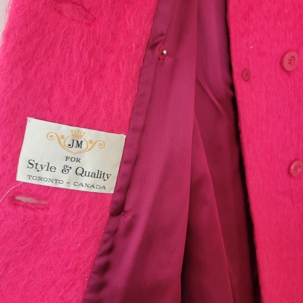 Vintage 80s Mohair Wool Women's Double Breasted Belted Fuchsia Pink Trench Coat - Picture 10 of 11